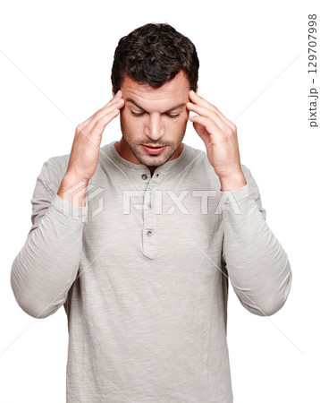 Mental health, stress headache and studio man with anxiety problem, burnout fatigue and depressed over fail mistake. Medical healthcare crisis, sad depression and model migraine on white background 129707998