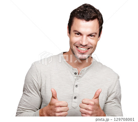 Portrait, hands and thumbs up with a man in studio isolated on a white background as a winner or for motivation. Thank you, goal and target with an excited man showing a positive hand sign or emoji 129708001