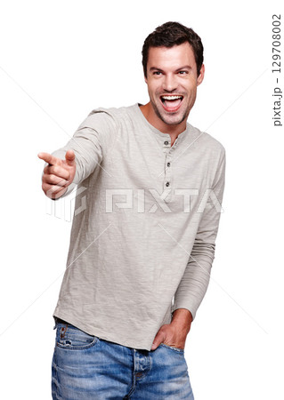 Wow, man and pointing hand in direction with excited, curious and surprise expression. Happy smile of handsome model thinking of ideas with excited focus at isolated white background. Wow, man and pointing hand in direction with excited, curious and surprise expression. Happy smile of handsome model thinking of ideas with excited focus at isolated white background. 129708002
