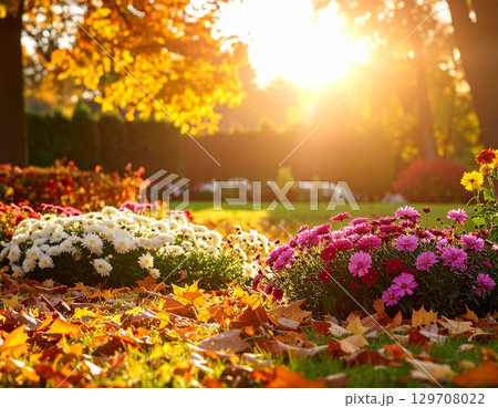 夕陽に照らされた落ち葉と花壇が美しい秋の公園」 夕陽に照らされた落ち葉と花壇が美しい秋の公園」 129708022
