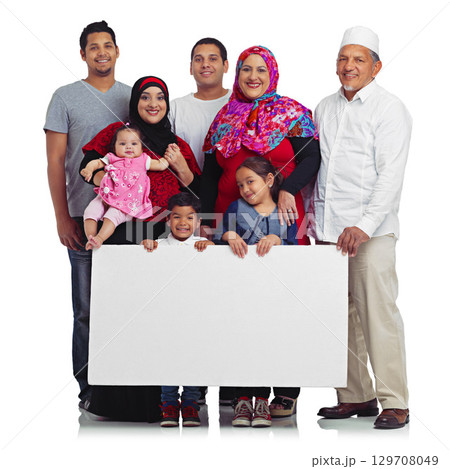 Poster, portrait and muslim family with space for advertising Islam religion with children, men and women. Islamic people and kids with banner sign for eid promotion isolated on a white background 129708049