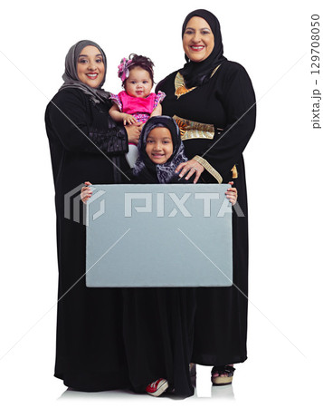 Muslim family, portrait and poster space with children, mother and grandmother together in hijab. Islam religion peace banner with women and kids together for advertising isolated on white background 129708050