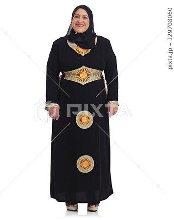 Fashion, white background and portrait of senior Muslim woman with confidence, elegance and happy attitude. Culture, religion and female isolated in studio with Islamic, cultural and Arabian clothes Fashion, white background and portrait of senior Muslim woman with confidence, elegance and happy attitude. Culture, religion and female isolated in studio with Islamic, cultural and Arabian clothes 129708060