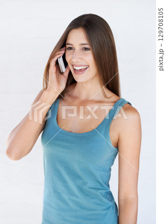 Phone call communication, happy and woman talking, gossip or networking chat to digital mobile contact. Smartphone user, conversation discussion and speaking studio model isolated on white background Phone call communication, happy and woman talking, gossip or networking chat to digital mobile contact. Smartphone user, conversation discussion and speaking studio model isolated on white background 129708105