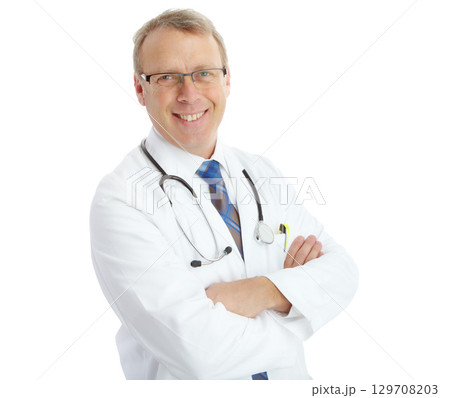 Portrait, doctor and man with arms crossed in studio isolated on a white background. Face, healthcare wellness and smile of happy, confident and mature male medical worker or physician from Canada. 129708203