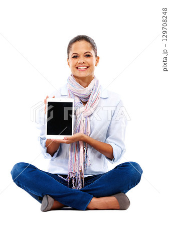 Woman, portrait or tablet screen mockup on isolated white background for social media or elearning website. Digital technology, mock up or blank advertising space for smile or studio college student 129708248