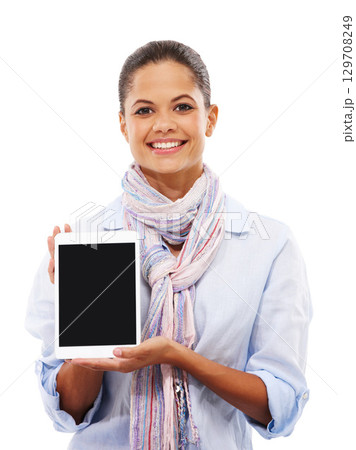Woman, portrait or showing tablet mockup on isolated white background for social media or elearning website. Digital technology, mock up or blank advertising space for smile or studio college student 129708249