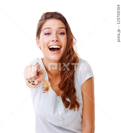 Laugh, bullying and woman pointing in studio on white background for humor, shame and mocking. Body language, mean and portrait of girl point finger for attitude, rude reaction and laughing at joke Laugh, bullying and woman pointing in studio on white background for humor, shame and mocking. Body language, mean and portrait of girl point finger for attitude, rude reaction and laughing at joke 129708364