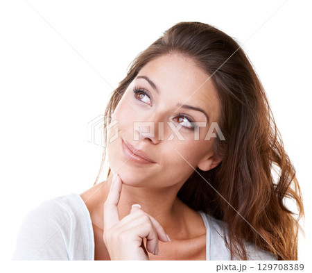 Thinking, happy and woman with a solution, decision and smile for an idea on a white background in studio. Day dreaming, vision and face of a curious girl with a choice, facial why and planning ideas 129708389