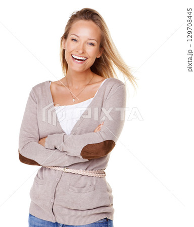Fashion, happy and portrait of a woman in a studio with a casual, feminine and stylish outfit. Happiness, smile and female model with cool, apparel and luxury clothes isolated by a white background. 129708445