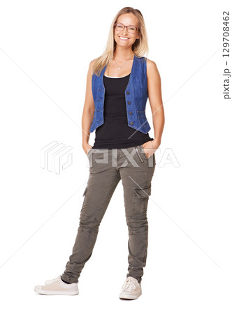 Woman, studio portrait and smile with clothes, urban fashion and glasses for style by white background. Model, clothing and shoes for lifestyle, beauty or comfort for happiness, confidence or excited 129708462