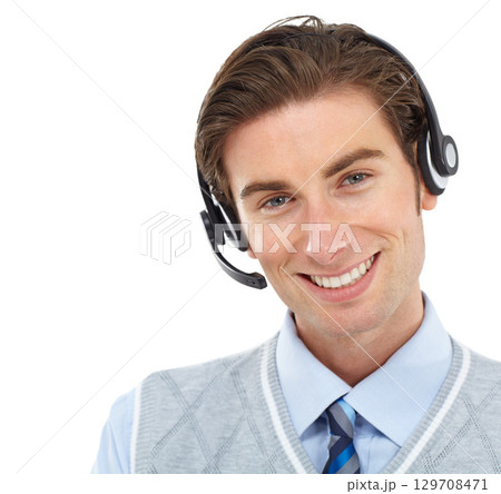 Telemarketing, call center and portrait of man in studio for customer services, support and advertising mockup. Face of telecom agent, consultant or salesman employee communication or business advice Telemarketing, call center and portrait of man in studio for customer services, support and advertising mockup. Face of telecom agent, consultant or salesman employee communication or business advice 129708471