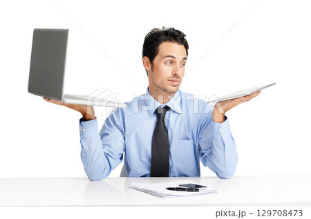 Tech tablet, laptop and business man review financial portfolio, stock market economy or trading investment. Scale choice comparison, bitcoin mining and trader research nft, forex or cryptocurrency Tech tablet, laptop and business man review financial portfolio, stock market economy or trading investment. Scale choice comparison, bitcoin mining and trader research nft, forex or cryptocurrency 129708473