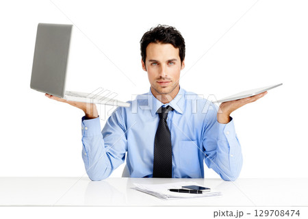 Laptop, tablet or portrait of business man review financial portfolio, stock market economy or trading investment. Digital tech, bitcoin mining or finance trader research nft, forex or cryptocurrency Laptop, tablet or portrait of business man review financial portfolio, stock market economy or trading investment. Digital tech, bitcoin mining or finance trader research nft, forex or cryptocurrency 129708474