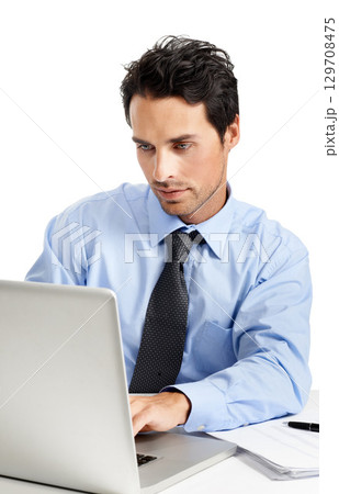 Laptop, documents business man typing feedback review of financial portfolio, stock market database or investment research. Economy, bitcoin mining and trader trading nft, forex or cryptocurrency 129708475