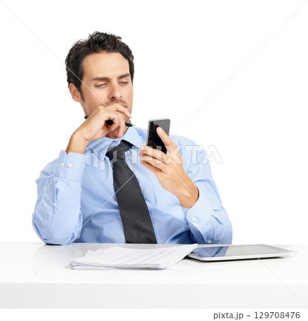 Smartphone, technology and businessman in studio thinking of solution, strategy or negotiation in finance. Mockup, accounting and corporate worker with phone idea for profit, stock market or sales 129708476