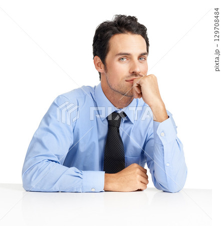 Thinking businessman, portrait or mockup desk on studio background and financial growth ideas, innovation or future vision. Corporate worker, employee or mock up table in investment company interview Thinking businessman, portrait or mockup desk on studio background and financial growth ideas, innovation or future vision. Corporate worker, employee or mock up table in investment company interview 129708484