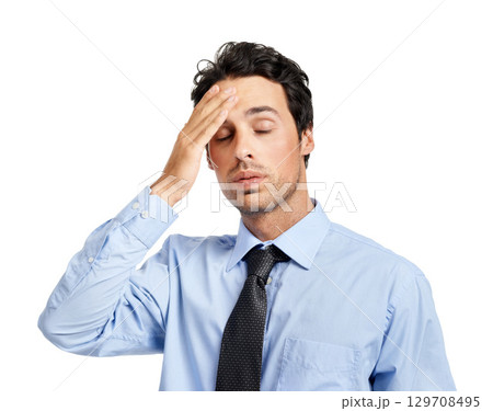 Tired businessman, stress and hand on head on studio background in fatigue, sweating and mental health burnout. Exhausted corporate worker, employee and anxiety on white backdrop and finance mistake Tired businessman, stress and hand on head on studio background in fatigue, sweating and mental health burnout. Exhausted corporate worker, employee and anxiety on white backdrop and finance mistake 129708495
