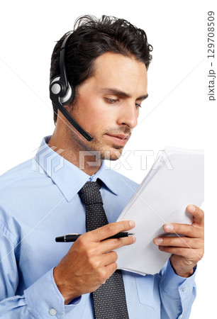 Customer service communication, documents and call center consultant on telecom microphone, contact us CRM or telemarketing. E commerce, customer support consulting and man review financial portfolio 129708509