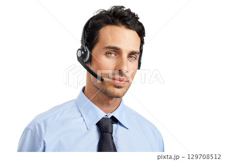 Call center employee, man and face in portrait, contact us with CRM and customer service and telemarketing. Phone call, male agent and customer care, tech support and headset against white background 129708512