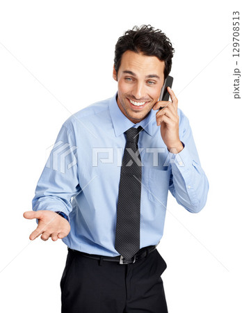 Phone call, corporate and male lawyer in a studio consulting, speaking or talking on a mobile. Happy, smile and businessman having a conversation on a cellphone while isolated by a white background. 129708513