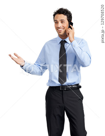 Phone call, studio and corporate businessman with networking, negotiation and communication strategy. Happy professional man using phone or smartphone with career feedback, job review or contact us Phone call, studio and corporate businessman with networking, negotiation and communication strategy. Happy professional man using phone or smartphone with career feedback, job review or contact us 129708520