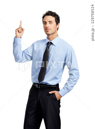 Portrait of businessman, hand and thinking finger on studio background with company vision, innovation and growth mindset. Corporate worker, employee questions and ideas on mockup branding backdrop Portrait of businessman, hand and thinking finger on studio background with company vision, innovation and growth mindset. Corporate worker, employee questions and ideas on mockup branding backdrop 129708524