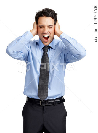 Businessman, headache and shouting frustrated with hands on head, overworked employee and angry in white background. Corporate man, burnout stress and screaming with head pain isolated in studio 129708530