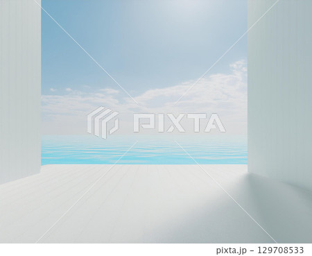 海辺のリゾートデッキから望む快晴のオーシャンビュー。AI生成画像。　 129708533