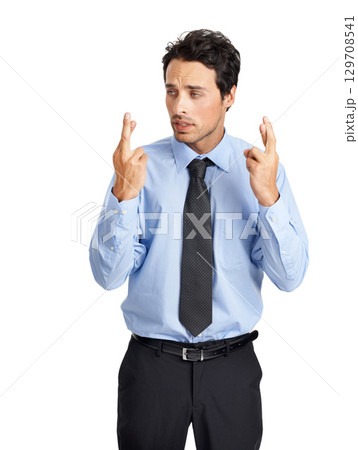 Businessman hands, anxiety or fingers crossed on studio background mockup in new job or employment opportunity. Stress, nervous or luck hand gesture in hope, worry or wish change for corporate worker Businessman hands, anxiety or fingers crossed on studio background mockup in new job or employment opportunity. Stress, nervous or luck hand gesture in hope, worry or wish change for corporate worker 129708541