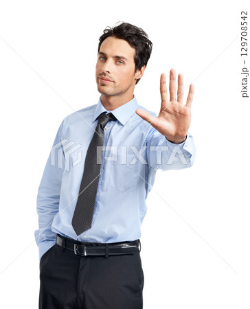 Businessman, portrait or stop hand gesture on studio background in finance fraud, money laundering or bribe. Financial worker, employee or refuse hand gesture to insurance investment or strategy deal 129708542