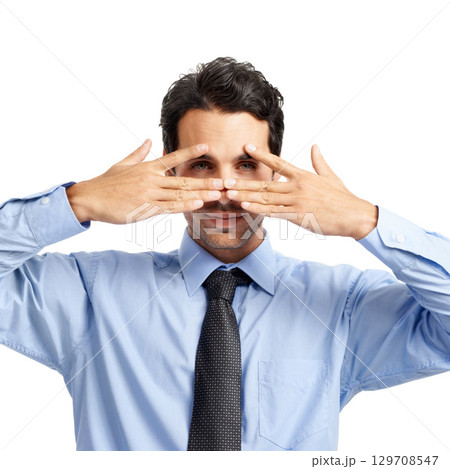 I see you. Portrait, face and hands with a business man in studio on a white background with a vision for future success. 129708547