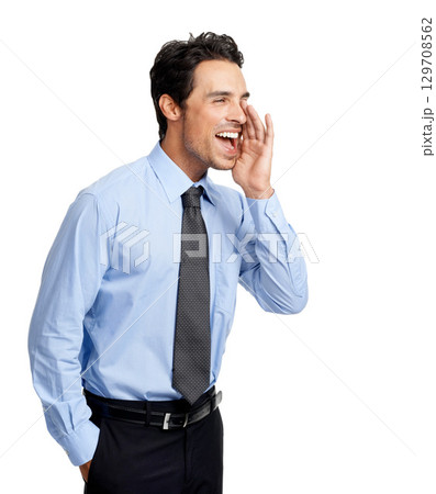 Excited businessman, hand or shouting on studio background for finance deal, investment or stock sales. Happy, screaming or yelling financial worker on white mockup backdrop in savings review or vote 129708562