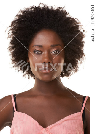Face portrait, beauty and hair care of black woman in studio on a white background. Skincare cosmetics, makeup and young female model with beautiful afro hairstyle after salon treatment for growth. Face portrait, beauty and hair care of black woman in studio on a white background. Skincare cosmetics, makeup and young female model with beautiful afro hairstyle after salon treatment for growth. 129708651