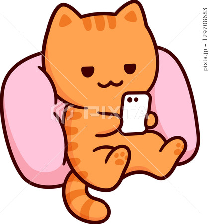 Cute cartoon cat relaxing with phone 129708683