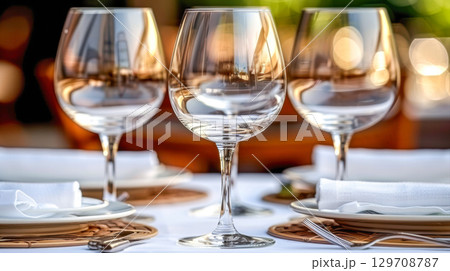 Elegant dining table set with crystal wine glasses and fine tableware for special occasions Elegant dining table set with crystal wine glasses and fine tableware for special occasions 129708787