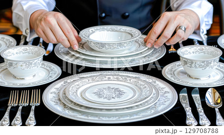 Elegant table setting with fine china and silverware arranged for a formal dining experience 129708788