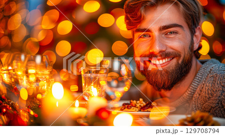 Smiling man enjoying festive dinner with warm lights and holiday decorations in cozy atmosphere 129708794