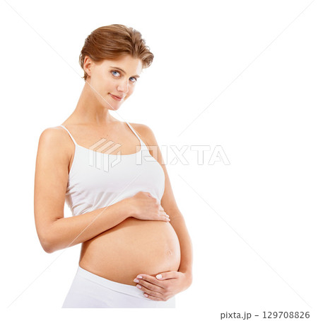 Mom, pregnant woman and portrait of mama with holding stomach with mothers love and smile for baby. Happy mother, pregnancy and hands on abdomen to show loving protect gesture for child with mock up Mom, pregnant woman and portrait of mama with holding stomach with mothers love and smile for baby. Happy mother, pregnancy and hands on abdomen to show loving protect gesture for child with mock up 129708826
