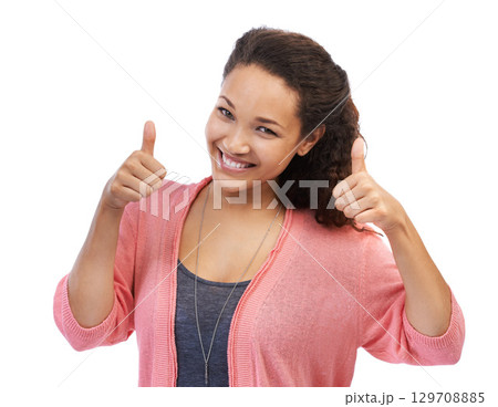 Face portrait, thumbs up and woman in studio isolated on a white background. Hands gesture, like emoji and happy female model with thumbsup for success, support or approval, thank you or agreement Face portrait, thumbs up and woman in studio isolated on a white background. Hands gesture, like emoji and happy female model with thumbsup for success, support or approval, thank you or agreement 129708885