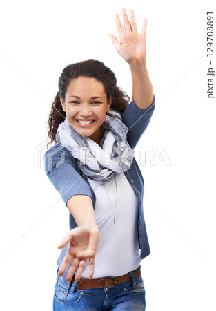 Open arms, smile and woman on a white background for advertising, copy space and marketing in studio. Creative, fashion and portrait of girl for announcement, product placement and emotion reaction 129708891