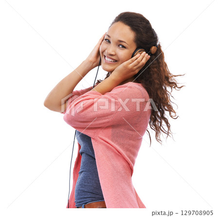 Headphones, music and portrait of woman in studio isolated on a white background mockup. Face, relax and happy female with hifi headset streaming, listening or enjoying podcast, radio or audio song. Headphones, music and portrait of woman in studio isolated on a white background mockup. Face, relax and happy female with hifi headset streaming, listening or enjoying podcast, radio or audio song. 129708905