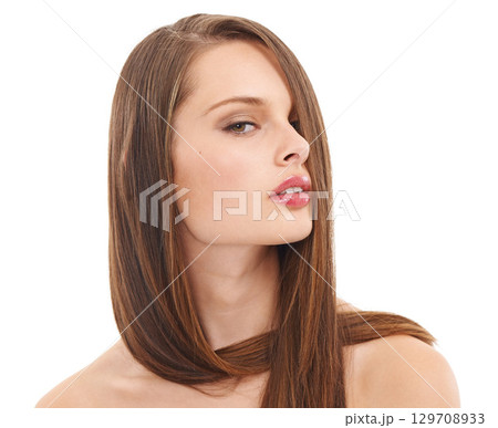 Woman, hair care portrait and skin dermatology, cosmetics skincare wellness and makeup in white background. Model, face and luxury beauty glow, keratin shampoo or salon hairdresser shine in studio 129708933