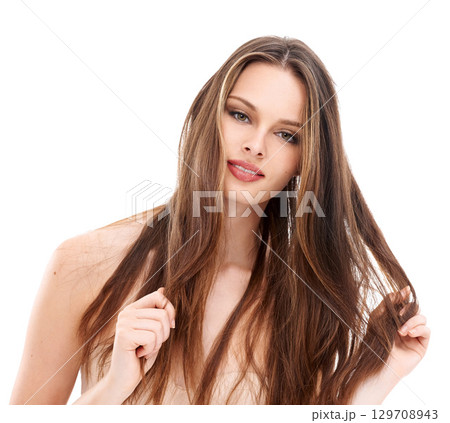 Beauty, portrait and a woman with healthy hair on a white background for cosmetics, makeup and shampoo product. Female model smile for hairdresser and salon advertising for shine and growth in studio 129708943