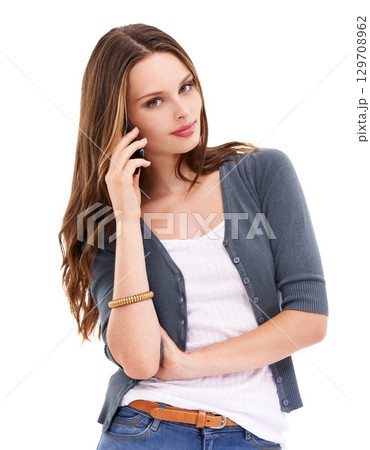 Phone call, portrait and woman in a studio with communication, talking or speaking on a smartphone. Discussion, talk and female model on a mobile conversation while isolated by a white background. 129708962