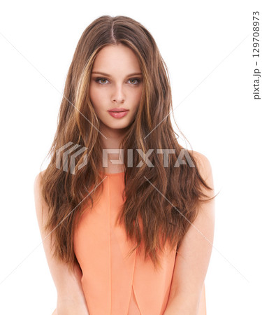 Hair, salon and portrait of woman in studio for wellness, keratin treatment and hair products. Fashion, beauty aesthetic and girl face on white background for cosmetics, hairstyle and luxury shampoo Hair, salon and portrait of woman in studio for wellness, keratin treatment and hair products. Fashion, beauty aesthetic and girl face on white background for cosmetics, hairstyle and luxury shampoo 129708973