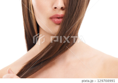Beauty, hair and face with woman in skincare closeup cosmetic care and keratin treatment against white background. Hairstyle, Brazilian and natural cosmetics with shine and wellness hair care glow Beauty, hair and face with woman in skincare closeup cosmetic care and keratin treatment against white background. Hairstyle, Brazilian and natural cosmetics with shine and wellness hair care glow 129708991