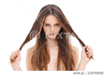 Beauty, hair and portrait a woman with makeup, cosmetics and shampoo product results for shine and growth. Female model on white background for hairdresser, skin care and salon advertising in studio 129708998