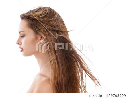 Hair care, woman and beauty profile with cosmetics, hairdresser and shampoo product results. Female model on white background for keratin treatment and salon advertising for shine and growth 129708999