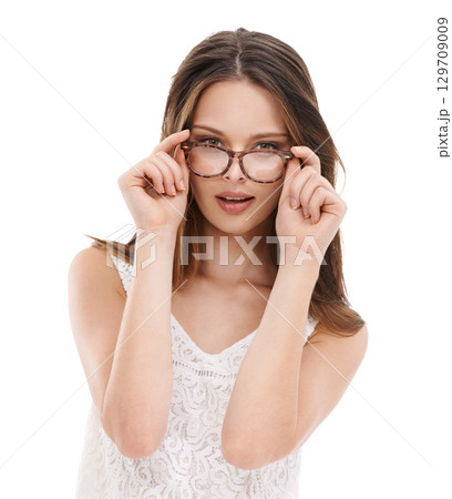 Young woman, glasses portrait and eyes care or wellness in white background studio for vision. Young model, hands on lens frame and face for optical eyeglasses, ophthalmology eyewear or eye care Young woman, glasses portrait and eyes care or wellness in white background studio for vision. Young model, hands on lens frame and face for optical eyeglasses, ophthalmology eyewear or eye care 129709009